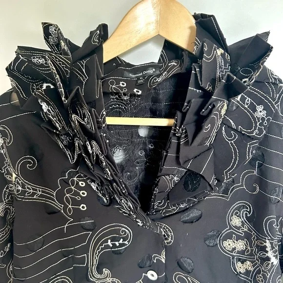 Samuel Dong  Ruffled neck Button Jacket Artsy Textured Blouse - Picture 5 of 11